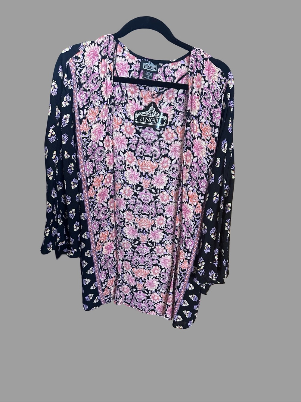 Angie Black Kimono Cardigan with Pink Floral Trim - Picture 3 of 7
